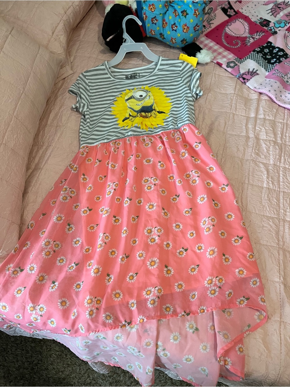 Universal Pink Daisy Skater Dress with Gray Striped Minion Tee